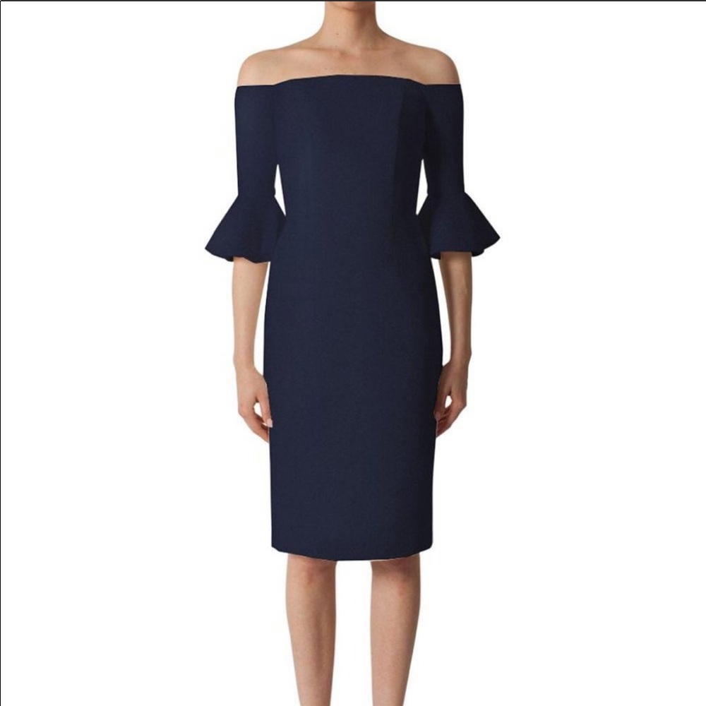 Black halo navy flutter sleeve off shoulder dress